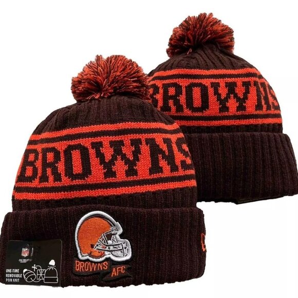 NWT‎ Cleveland Browns Sports Knit Pom Beanie Fleece Lining OSFA Unisex - Picture 1 of 5